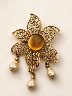 Vintage Ivana Trump Filigree Flower Brooch with Amber Center and Pearl Drops